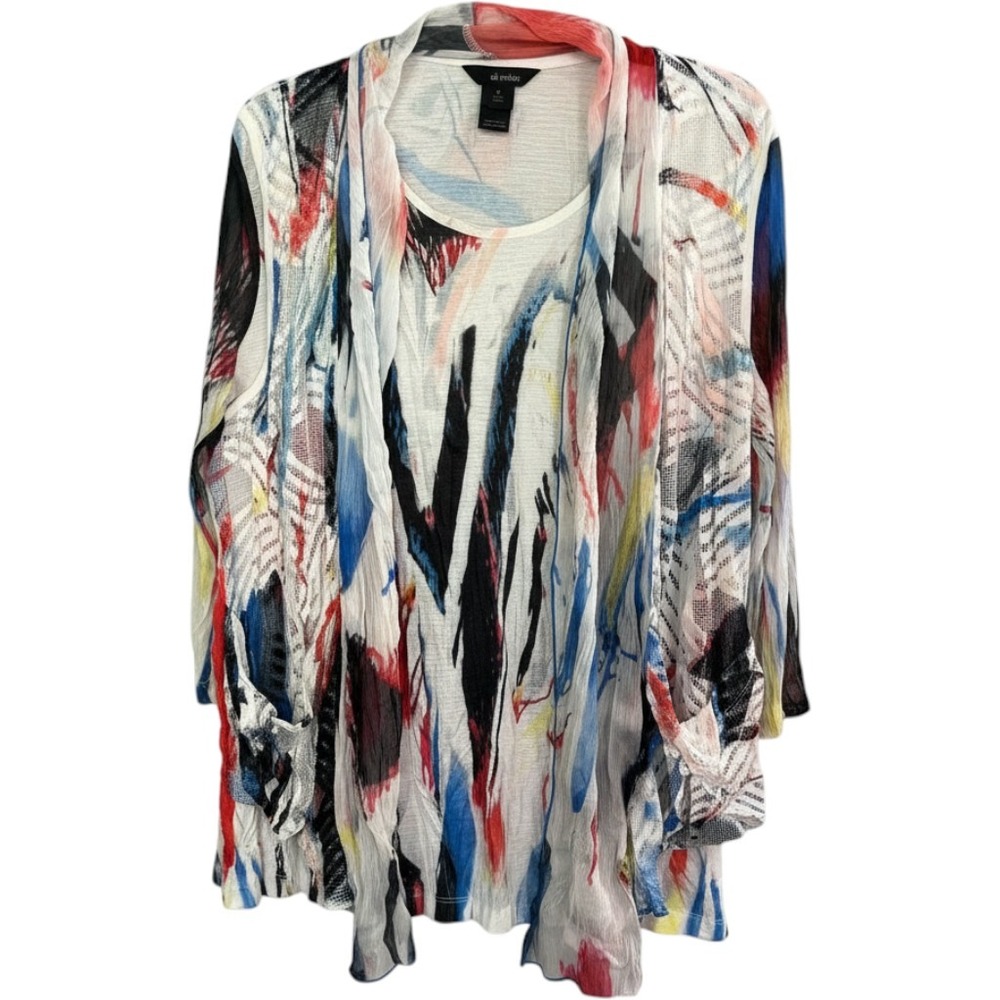 Ali Miles ‎ Abstract Art Print Open Front Mesh Cardigan SZ M  Red Blue White Med